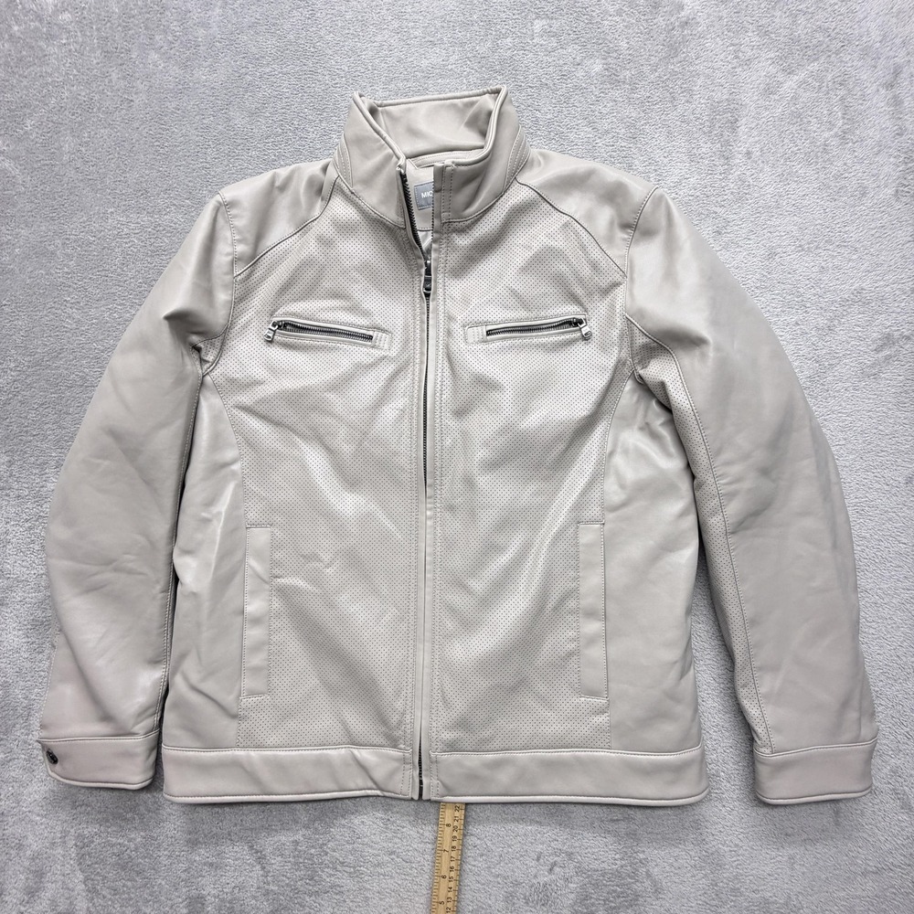 Michael Kors Jacket Mens L Beige Biker Polyurethane Perforated Lined Full Zip